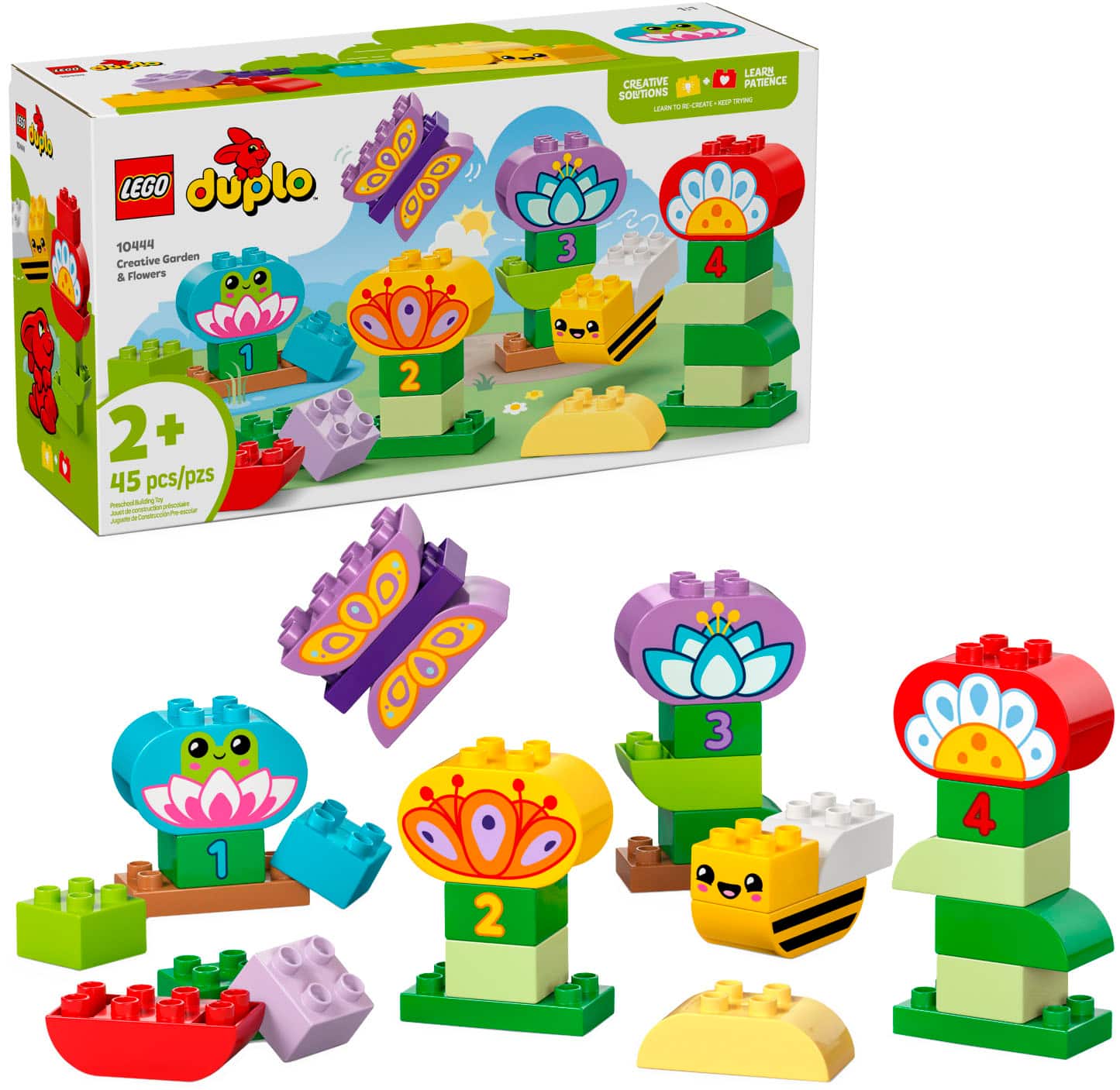 Lego Duplo 410 Creative Garden & Flowers set includes 45 pieces and is designed for children aged 2+. The set features various flowers and garden elements, such as a bird, a bee, and a butterfly. The set encourages creativity and patience, as children can build and play with the garden elements. The set is made of plastic and is suitable for both indoor and outdoor play.