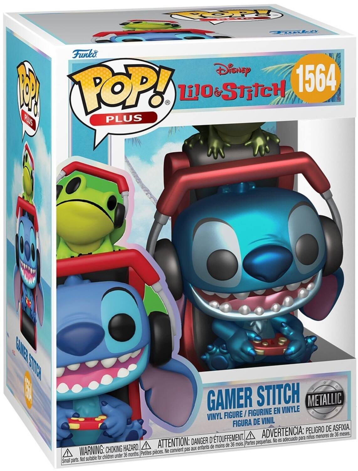 Sure, here is the corrected and grouped text from the image:

---

**Funko**

**POP! PLUS**

**Disney Lilo & Stitch**

**1564**

**GAMER STITCH**

**VINYL FIGURE / FIGURINE EN VINYLE / FIGURA DE VINIL**

**METALLIC**

**WARNING: CHOKING HAZARD. Small parts. Not suitable for children under 36 months.**

**ATTENTION: DANGER D'ÉTOUFFEMENT. Petites pièces. Ne convient pas aux enfants de moins de 36 mois.**

**ADVERTENCIA: PELIGRO DE ASFIXIA. Partes pequeñas. No es adecuado para niños menores de 36 meses.**

---

This text is organized to reflect the information on the packaging.