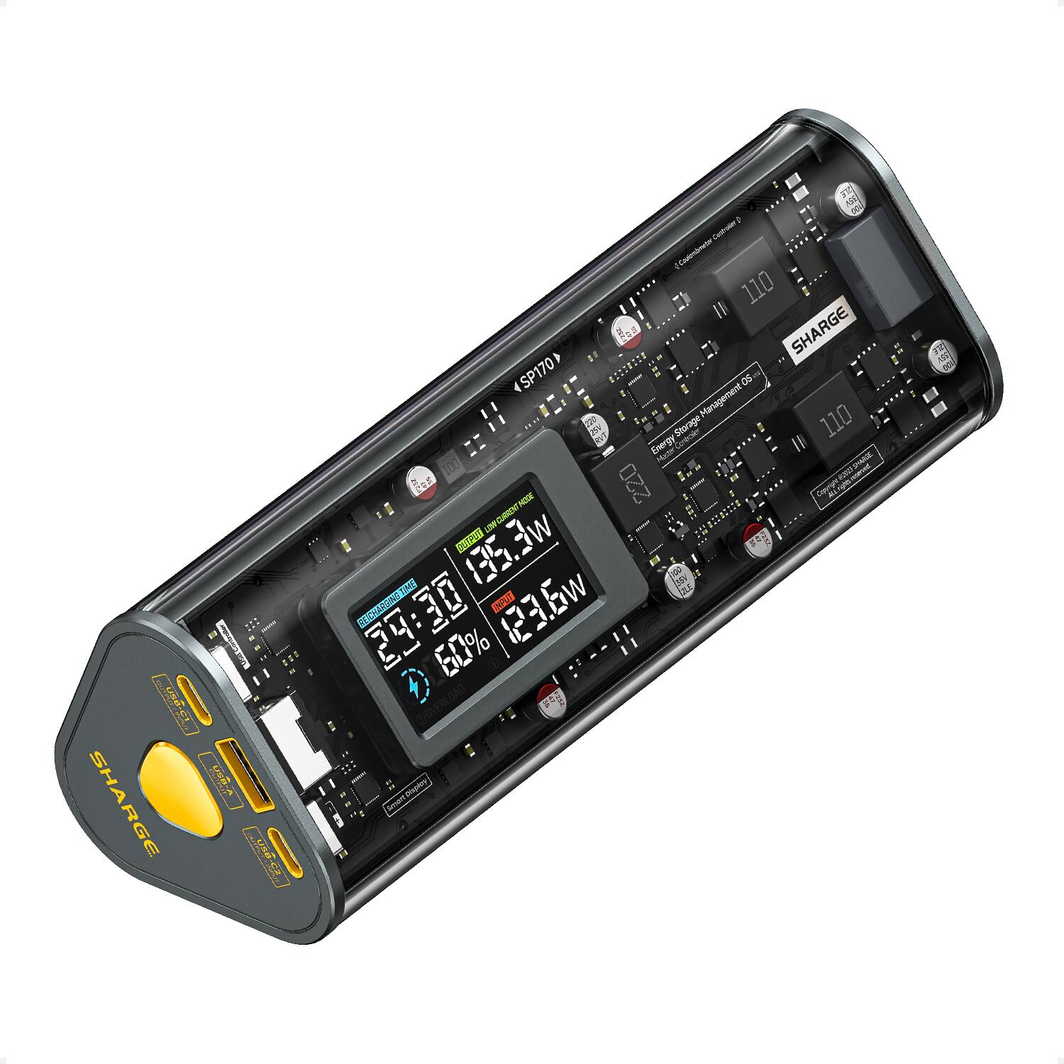 Sharge - Shargeek 170 24000mAh 170W PD3.1 Power Bank for 3 devices (2 USB-C, 1 USB-A) IP66 Smart Display - Gray