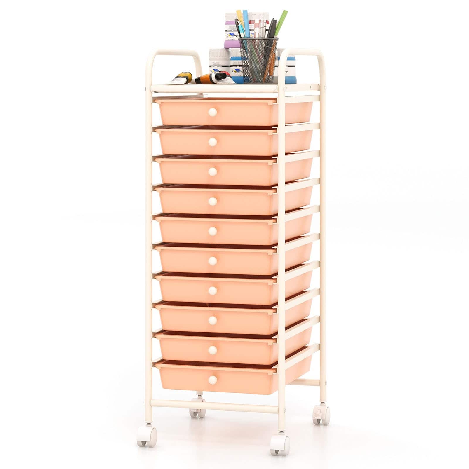 Ecooso - 10-Drawer Rolling Storage Cart with Universal Casters, Mobile Drawer Unit for Craft Supplies and Office Storage - Peach