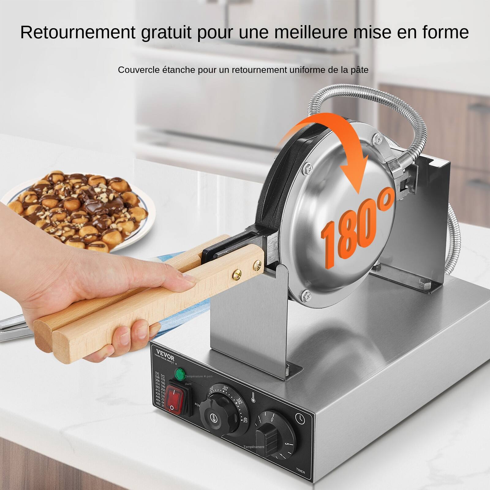 Retournement gratuit pour une meilleure mise en forme  
Couvercle étanche pour un retournement uniforme de la pâte  
VEVOR  
Température pos dient  
302  
302  
180  
Temperament  
TIMER