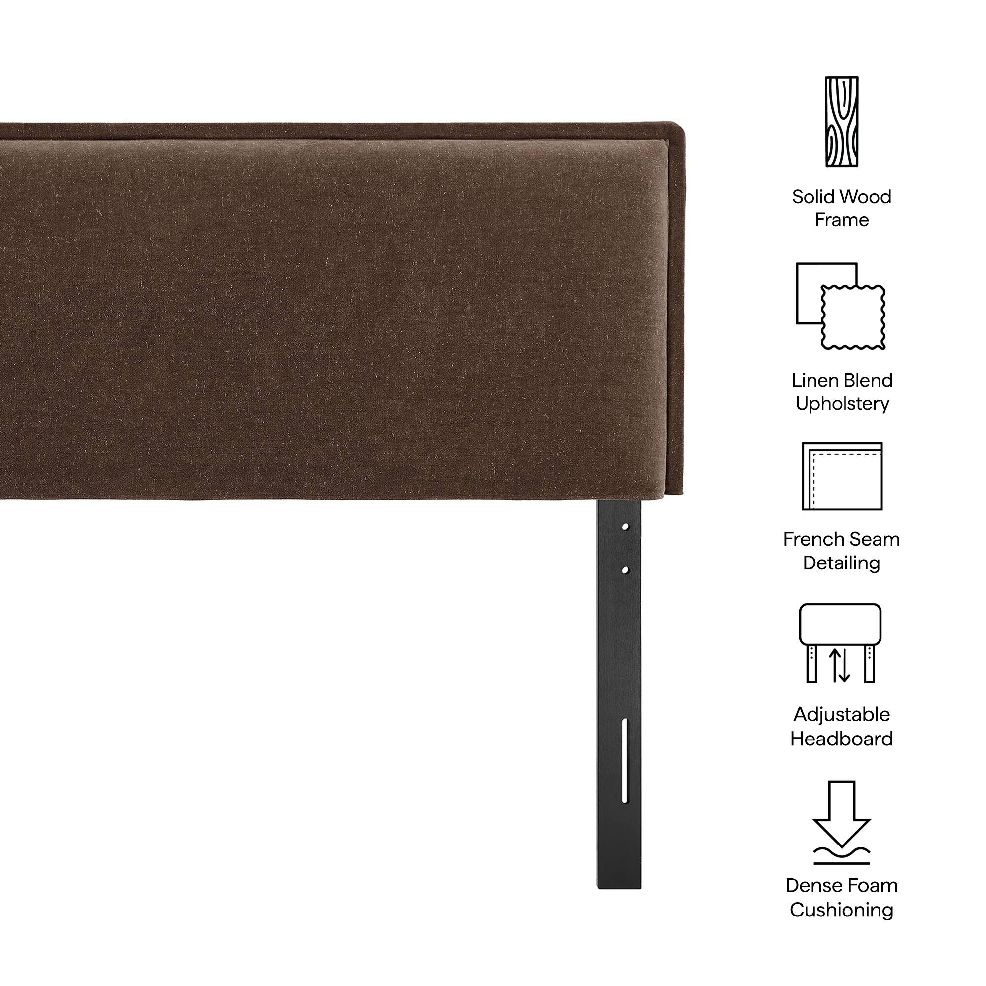 Solid Wood Frame  
Linen Blend Upholstery  
French Seam Detailing  
Adjustable Headboard  
Dense Foam Cushioning