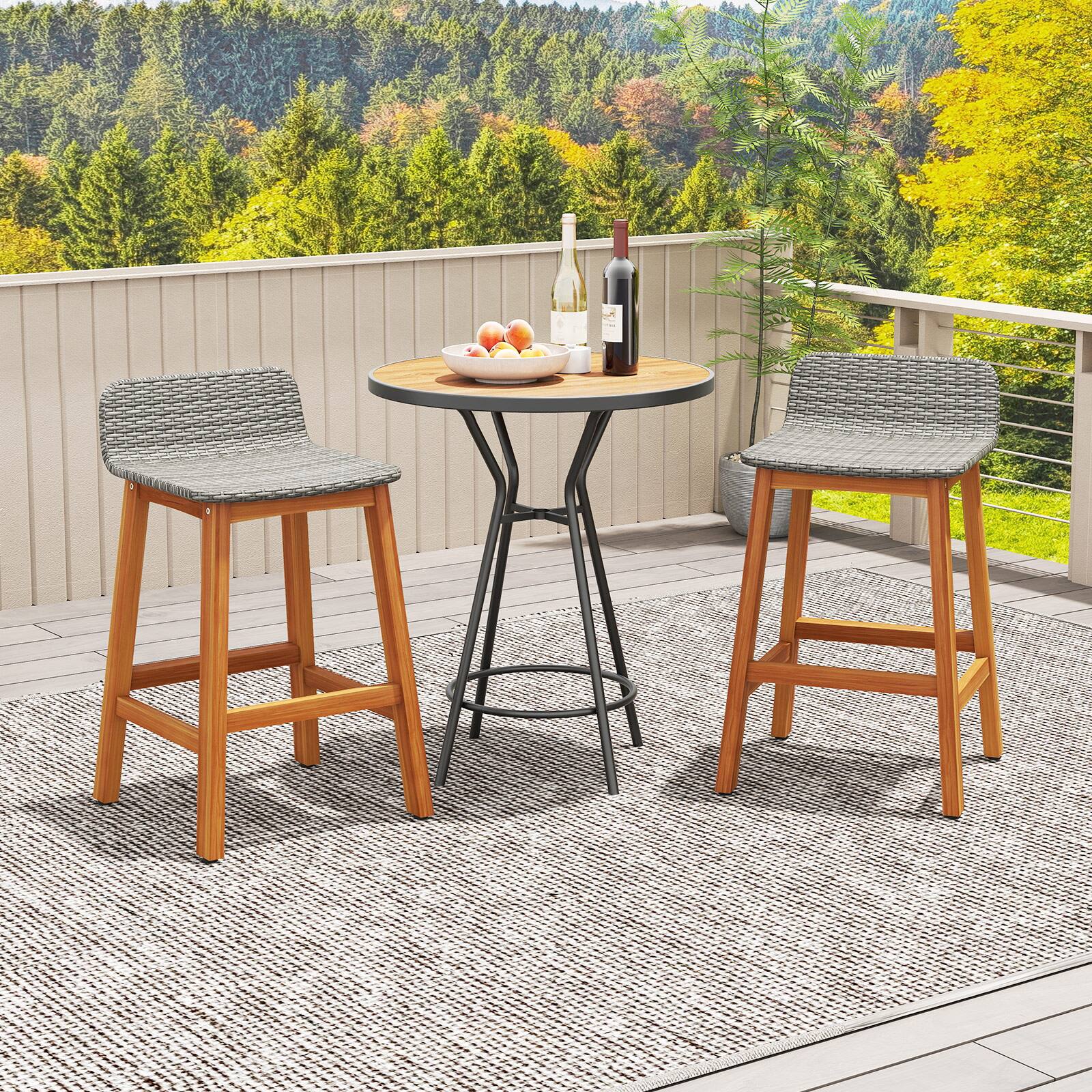 Alt View 1. Gymax - Gymax Solid Acacia Wood Bar Stools Set of 2 Rattan Bar Height Patio Chairs for Porch - Natural.