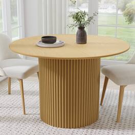 PexFix - Minimalist Farmhouse Curved Edge Round Solid Oak 46 in. W Slim-Stripe Base Kitchen & Dining Table Seats 4 - Natural