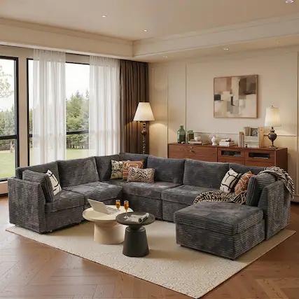 Front. Ovios - 6 Seat U Shaped Modular Sectional Sofa, Modern Deep Seat Couch with Ottoman - Grey.