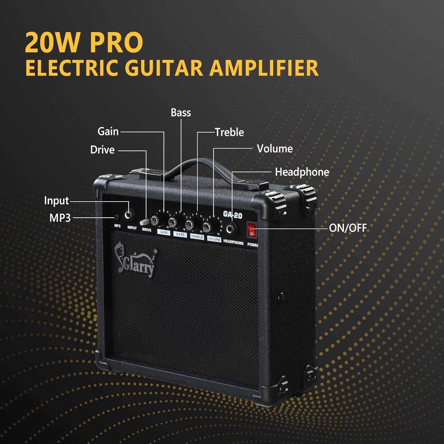 20W PRO ELECTRIC GUITAR AMPLIFIER

Bass Gain Drive Treble Volume Headphone Input MP3

- INPUT
- DRIVE
- SCLARRY
- GA-20
- SASS
- TREBLE
- VOLUME
- HEADPHONE
- POWER ON/OFF