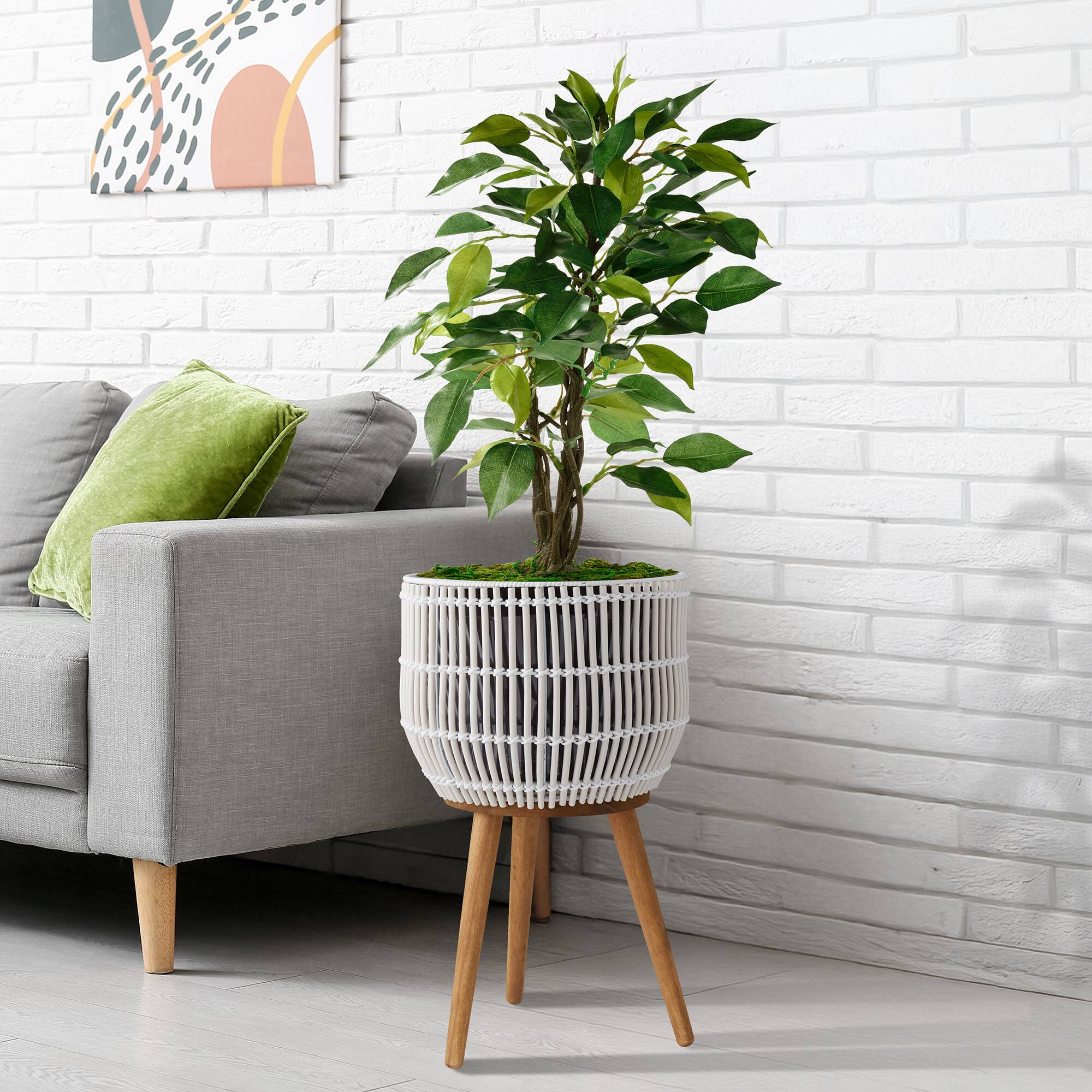 Alt View 2. Casafield - Indoor Planter with Stand, Large Rattan Basket for Plants and Flowers with Wood Legs - White with Natural Legs.