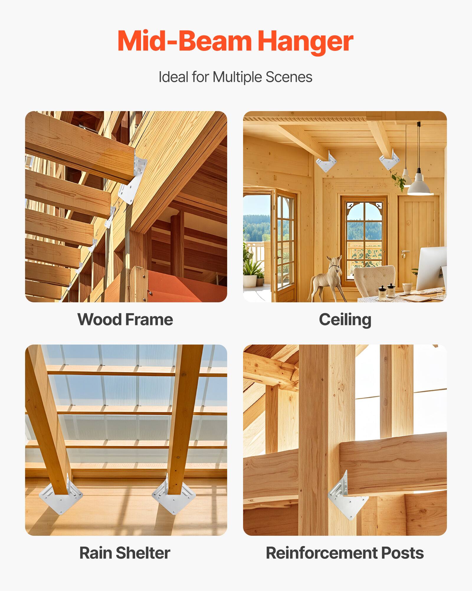 Mid-Beam Hanger  
Ideal for Multiple Scenes  

Wood Frame  
Ceiling  
Rain Shelter  
Reinforcement Posts
