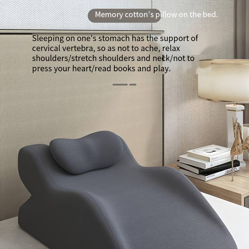 Memory cotton's pillow on the bed.

Sleeping on one's stomach has the support of cervical vertebra, so as not to ache, relax shoulders/stretch shoulders and neck/not to press your heart/read books and play.