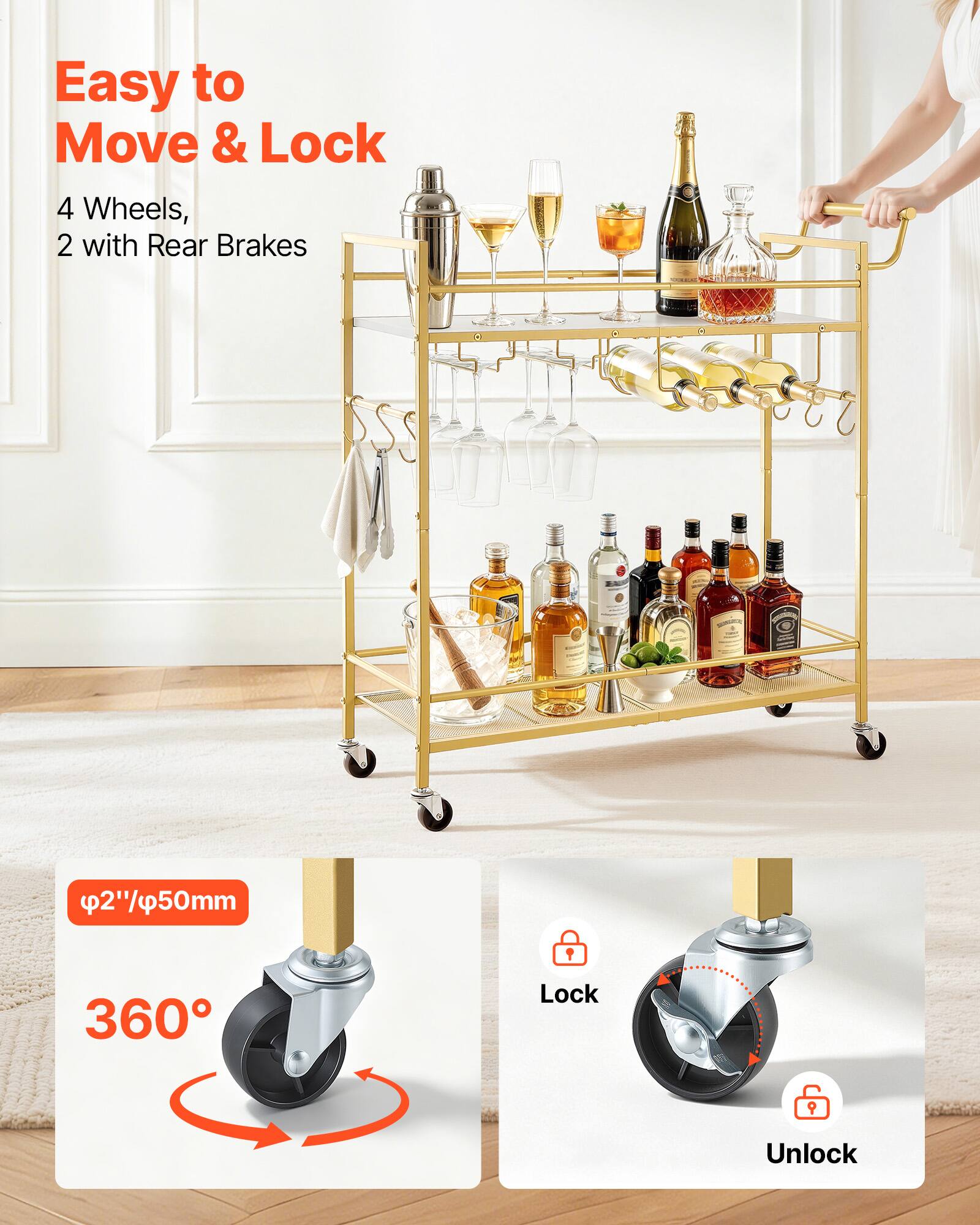 Easy to Move & Lock  
4 Wheels, 2 with Rear Brakes  
2"/50mm  
360° Lock  
Unlock