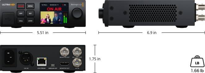 ULTRA HD OFF MENU SET 1e - 00-00-04:11 ON AIR 0bo CALL LOCK  
5.51 in x 6.9 in x 1.75 in  
12V DC  
1.66 lb