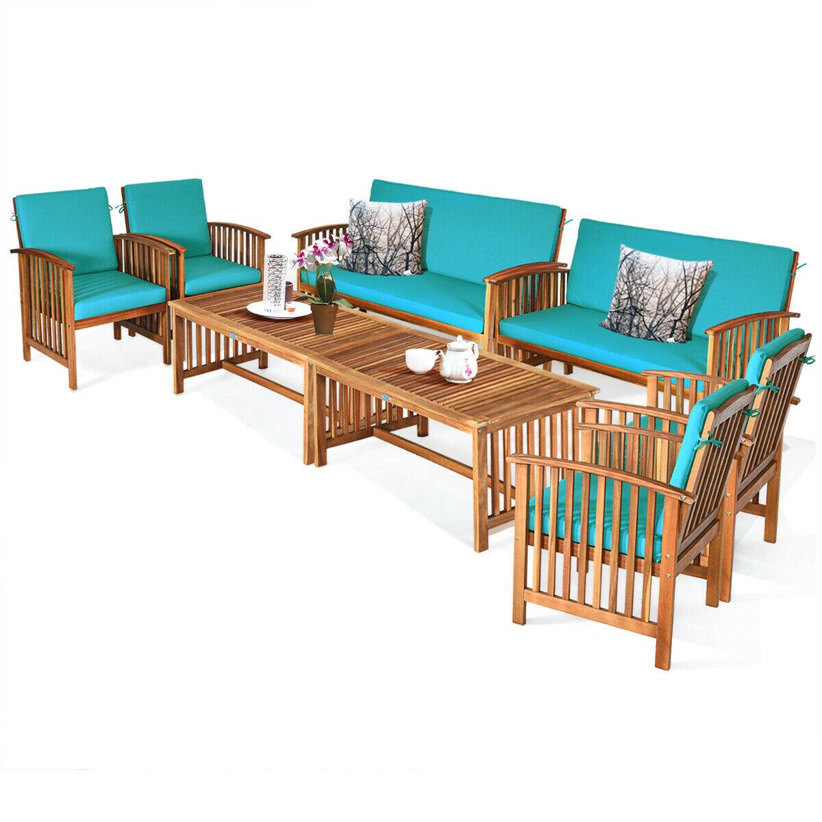 Alt View 1. Gymax - Gymax 8PCS Wooden Patio Conversation Set Outdoor Furniture Set w/ Cushions Turquoise - Turquoise.