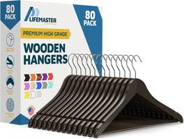 Lifemaster - Wooden Clothes Hangers – 80-Pack, 360° Swivel Hook, Non-Slip Notch, Pants Bar, Holds 10 lbs, for Suits, Coats & Dresses - Brown