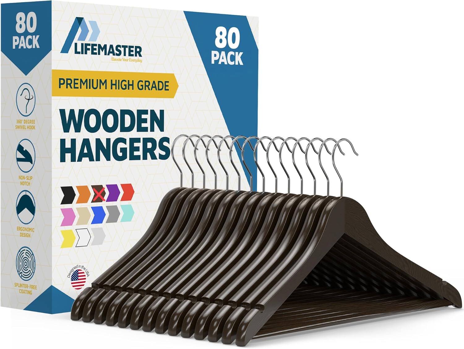 80 PACK 80 LIFEMASTER Elevate Your Everyday PACK PREMIUM HIGH GRADE SWIVEL 360 DEGREE HOOK WOODEN HANGERS NON-SLIP NOTCH X ERGONOMIC DESIGN SPLINTER-FREE COATING in the USA