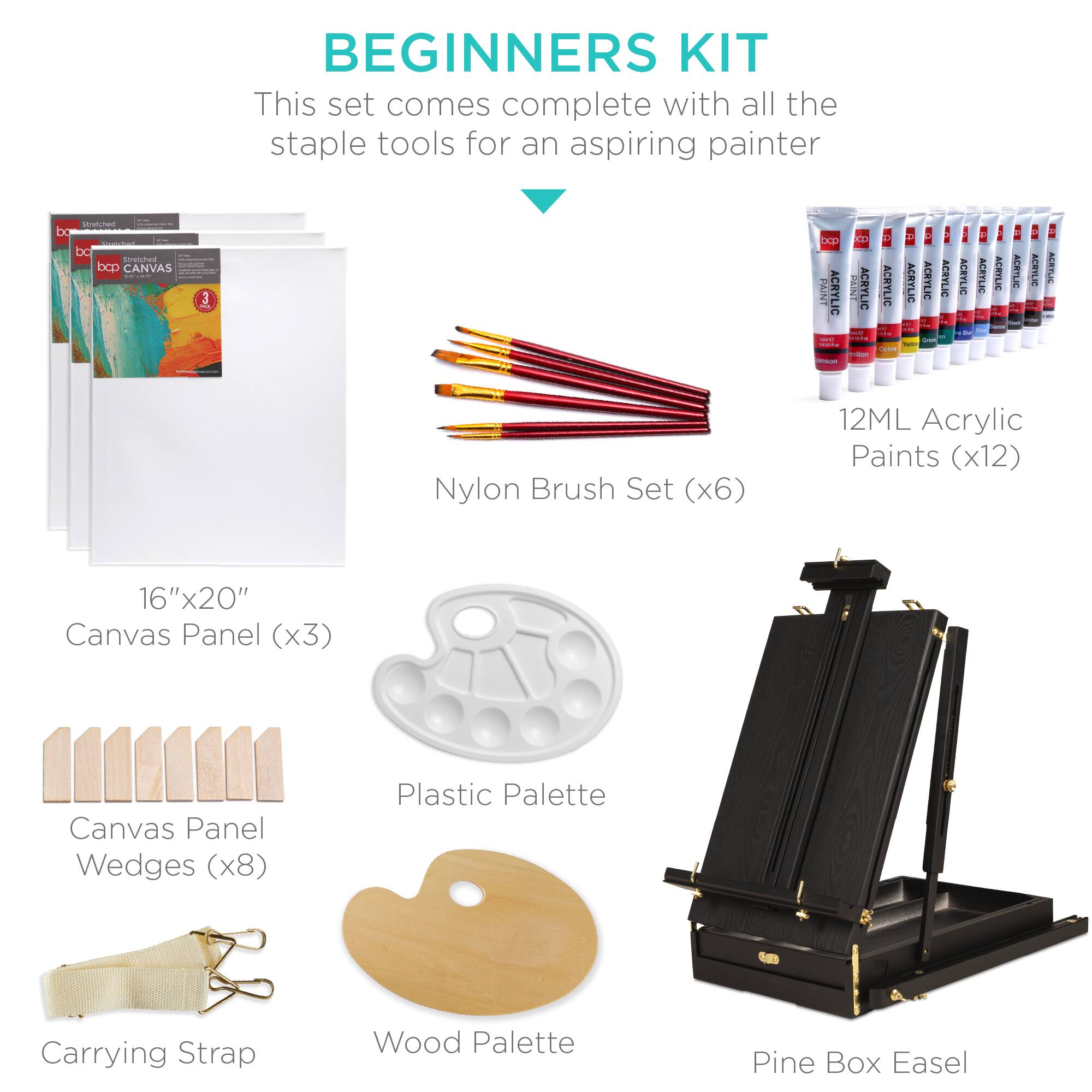 BEGINNERS KIT

This set comes complete with all the staple tools for an aspiring painter

- 16"x20" Canvas Panel (x3)
- Nylon Brush Set (x6)
- 12ML Acrylic Paints (x12)
- Canvas Panel Wedges (x8)
- Plastic Palette
- Carrying Strap
- Wood Palette
- Pine Box Easel