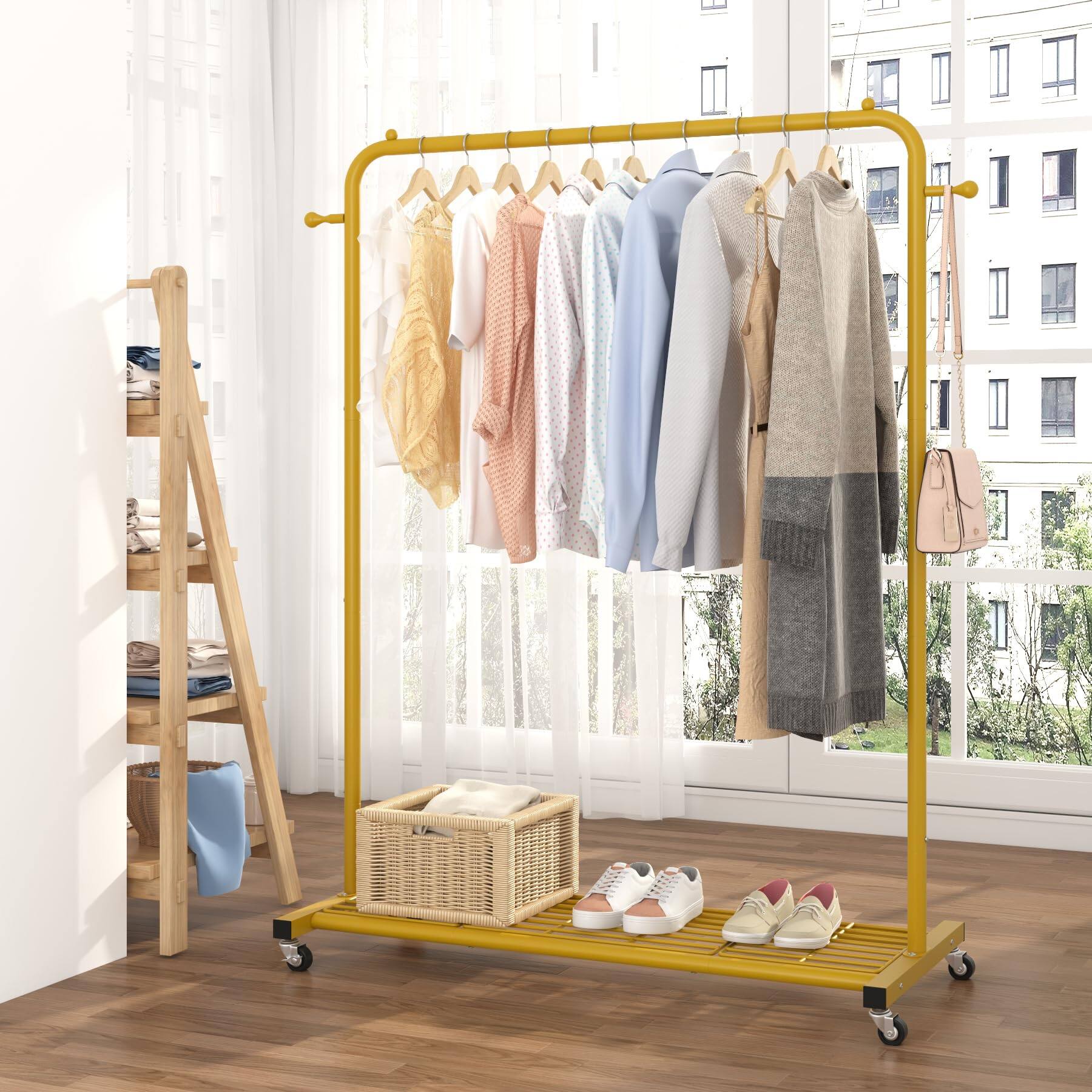 Alt View 4. ThinkLink Electronic - Clothes Rack On Wheels Clothing With Bottom Mesh Storage Shelf Sturdy Metal Frame Rolling Garment For Hanging - White.