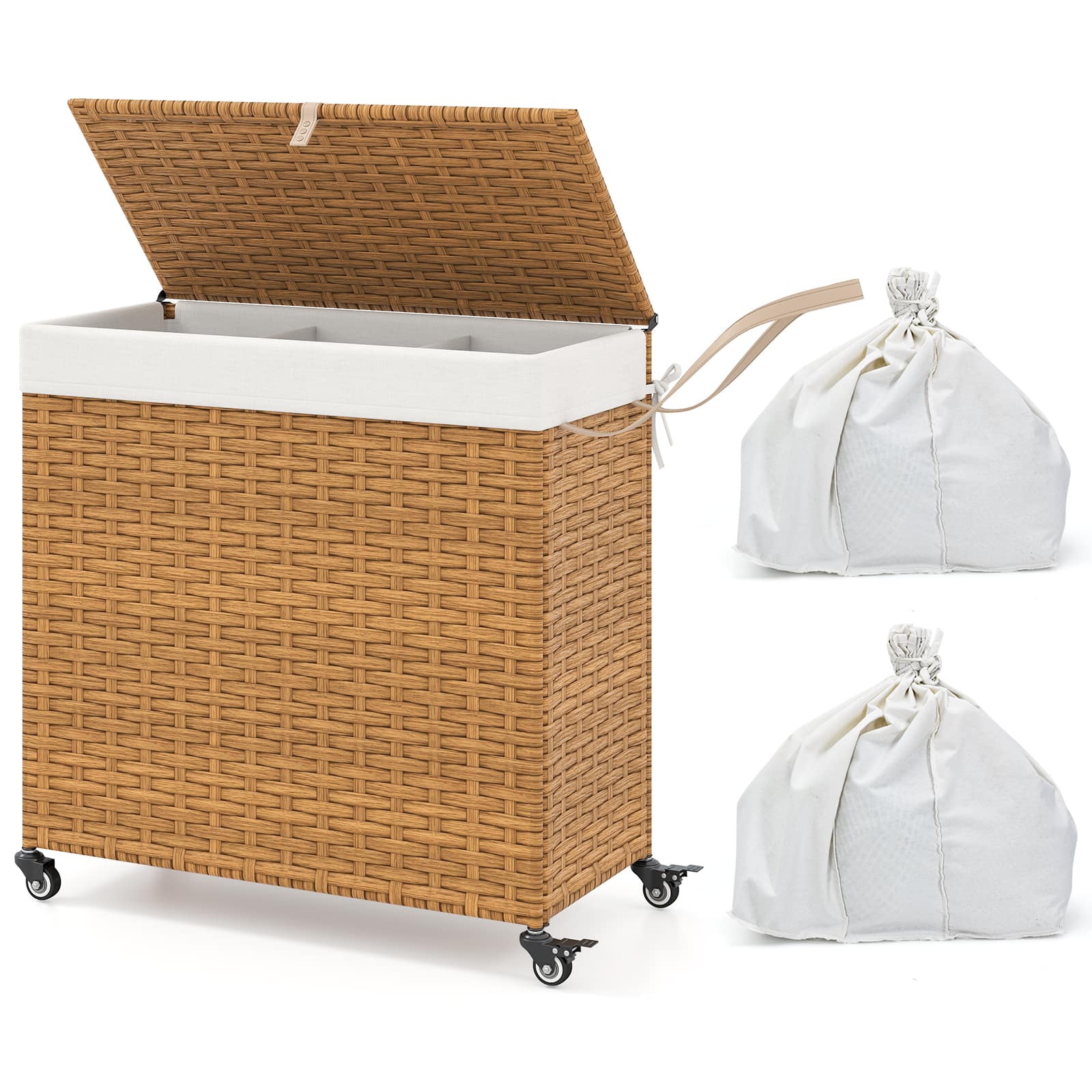 Gymax - Laundry Hamper w/Wheels & Lid 125L 3-Section Clothes Hamper w/2 Liner Bags - Natural