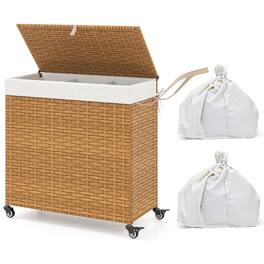 Gymax - Laundry Hamper w/Wheels & Lid 125L 3-Section Clothes Hamper w/2 Liner Bags - Natural