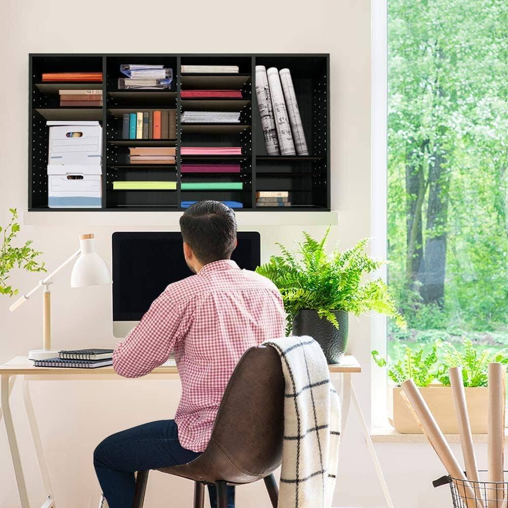 Alt View 2. AdirOffice - Wood Adjustable 36 Compartment Literature File Organizer, 11.8”D x 39.3”W x 23.9”H - Black.