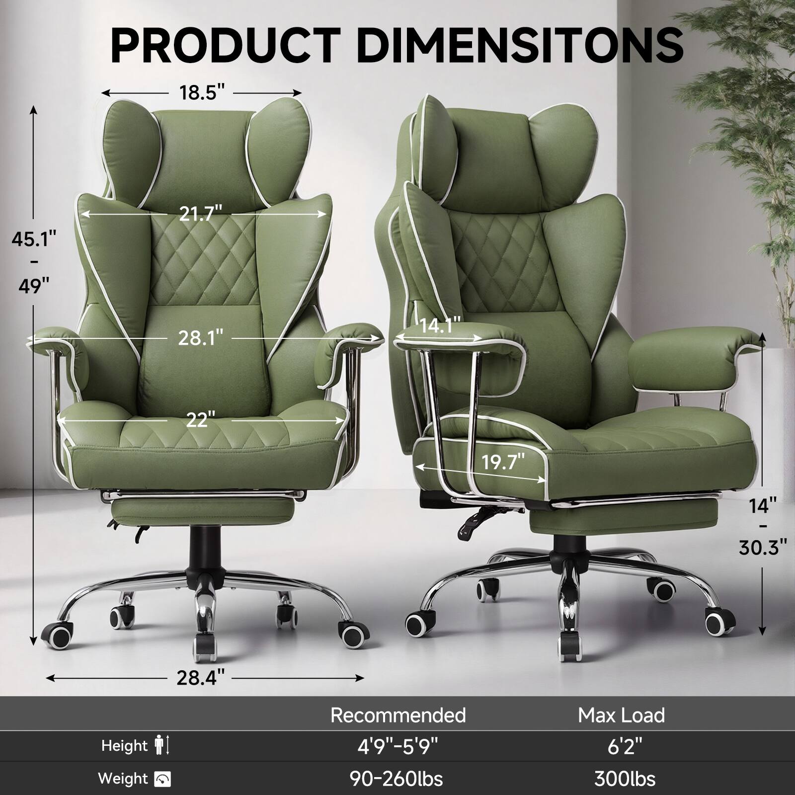 PRODUCT DIMENSIONS  
18.5" 45.1" 21.7" 49" 28.1" 14.1" 22" 19.7" 14" - 30.3" 28.4"  

Recommended  
Height: 4'9"-5'9"  
Weight: 90-260lbs  

Max Load  
Height: 6'2"  
Weight: 300lbs