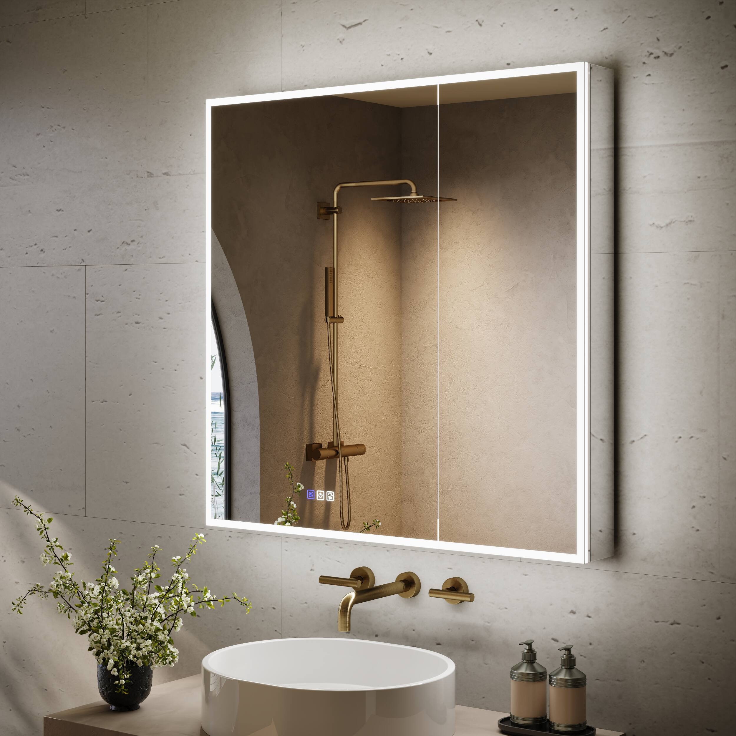 Angle. WELLFOR - 36 in. W x 36 in. H Square Recessed/Surface Mount LED Medicine Cabinet with Mirror, 3x Magnifier, USB, Type C - Silver.