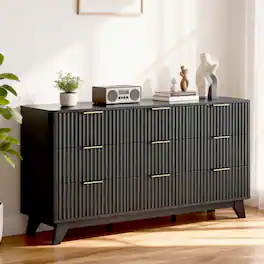 Winado - 57"L Fluted Chest of Dresser Drawers with 9 Drawers Wide Boho Wood Chest of Drawers Organizer for Living Room Bedroom - Black