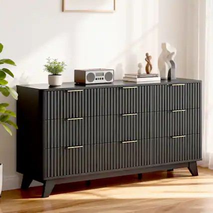Front. Winado - 57"L Fluted Chest of Dresser Drawers with 9 Drawers Wide Boho Wood Chest of Drawers Organizer for Living Room Bedroom - Black.