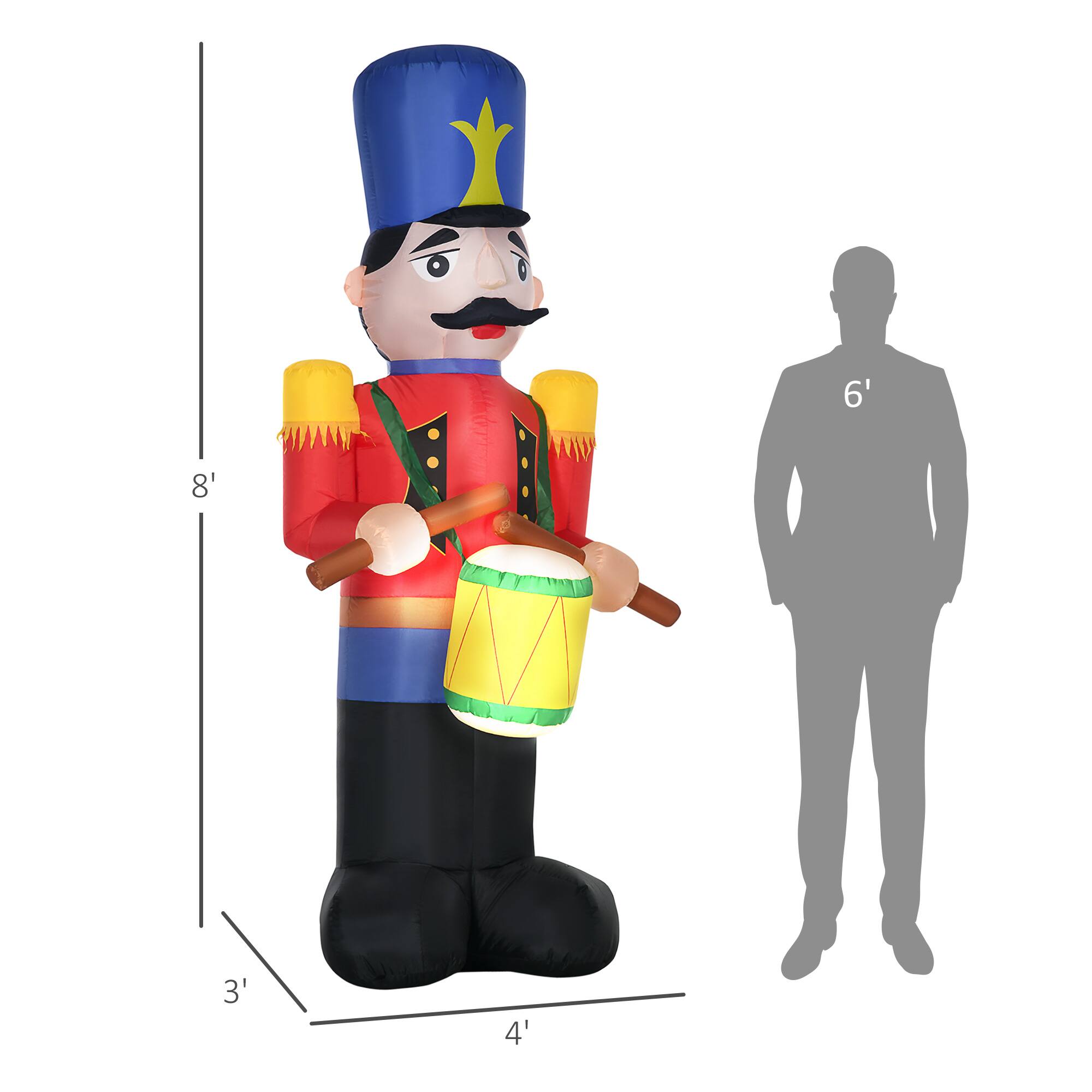 Alt View 2. Homcom - 8ft Inflatable Nutcracker with Drum, Outdoor Blow-Up Yard Christmas Decor with LED Lights - Red, Blue.