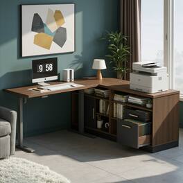 ModernMate - 67" Standing Desk with 2 File Cabinets, AC/USB, 1.18" Desktop, L Shaped Height Adjustable Electric Stand Up Desk - Black Walnut