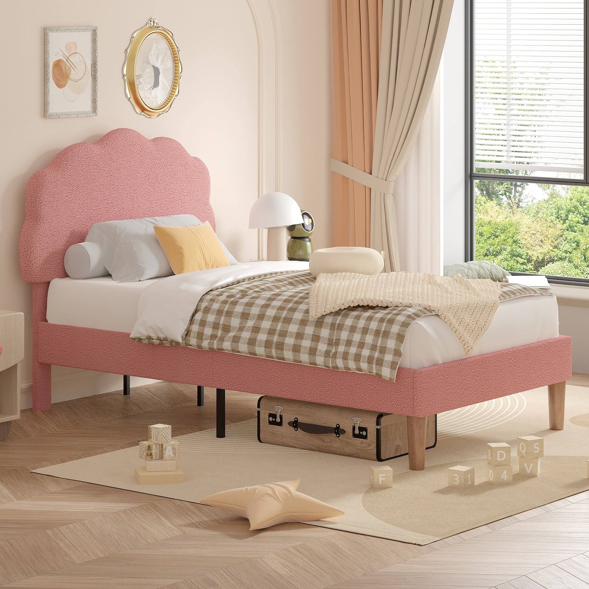 Alt View 2. Vecelo - Cloud Headboard Twin Bed Frame for Kids, Upholstered Faux Shearling Bed with Slats, Rounded Edges - Pink.