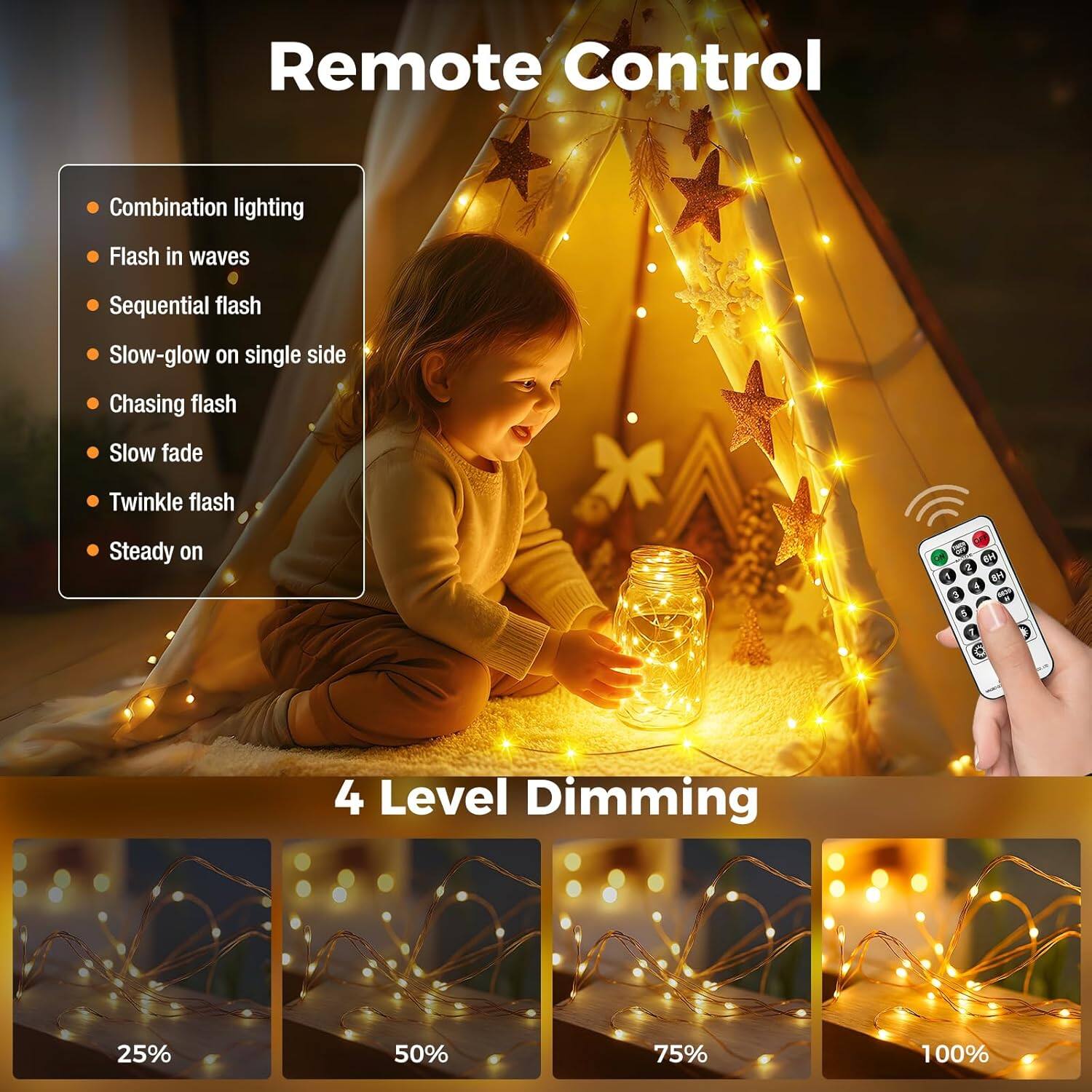 Remote Control

- Combination lighting
- Flash in waves
- Sequential flash
- Slow-glow on single side
- Chasing flash
- Slow fade
- Twinkle flash
- Steady on

4 Level Dimming

- 25%
- 50%
- 75%
- 100%