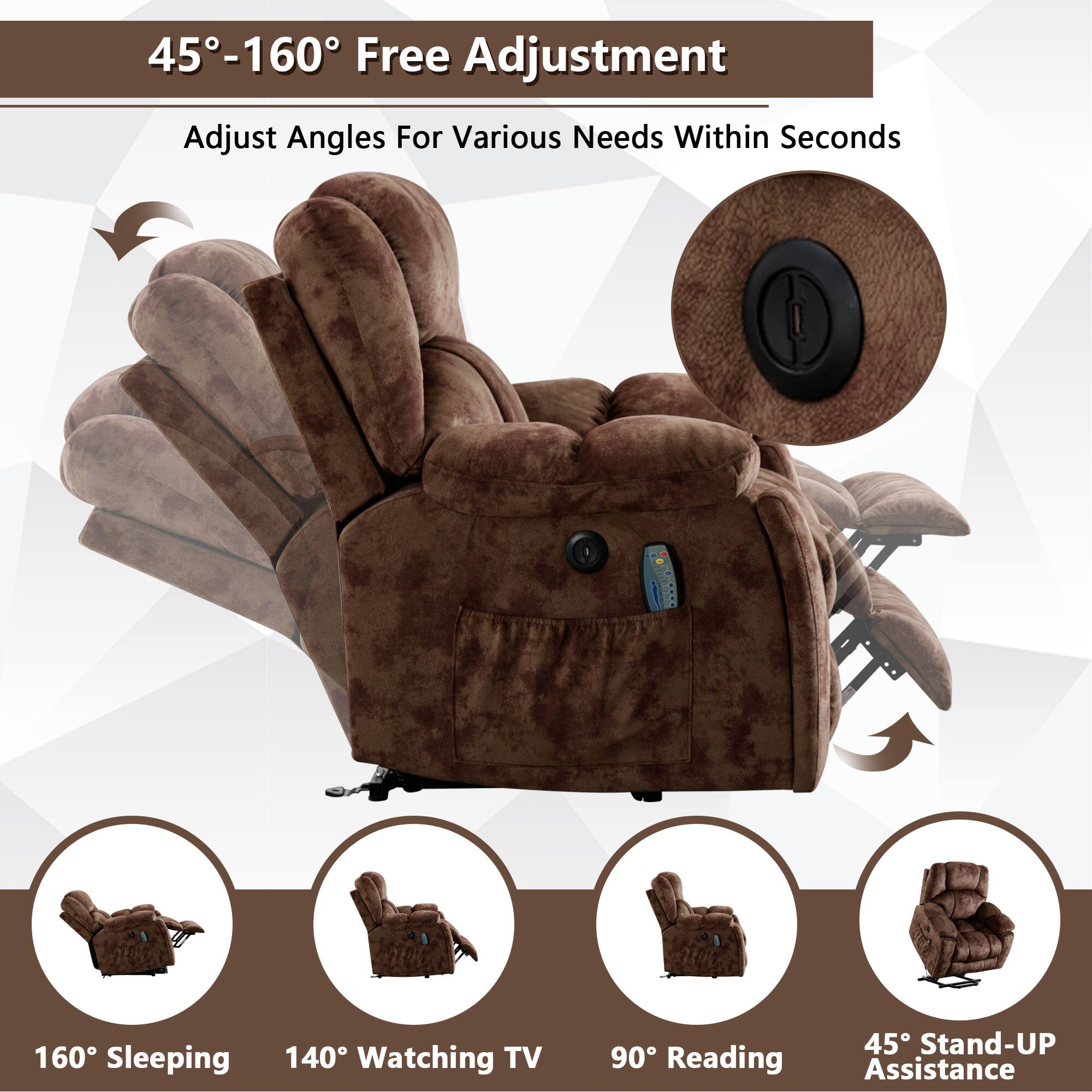 45°-160° Free Adjustment  
Adjust Angles For Various Needs Within Seconds  

160° Sleeping  
140° Watching TV  
90° Reading  
45° Stand-UP Assistance