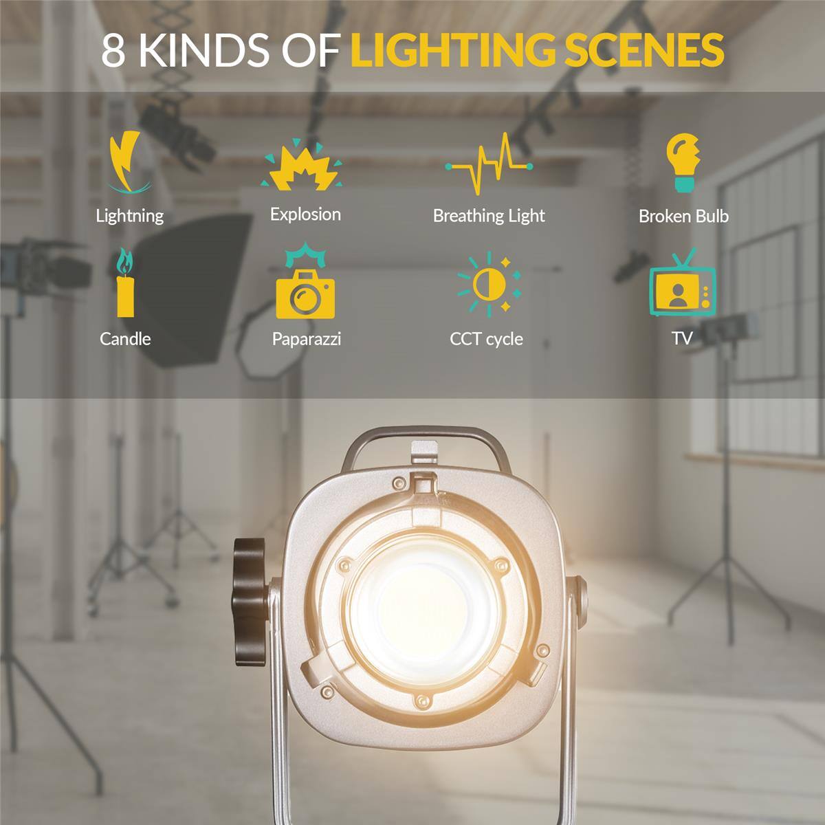 8 KINDS OF LIGHTING SCENES

- Lightning
- Explosion
- Breathing Light
- Broken Bulb
- Candle
- Paparazzi
- CCT cycle
- TV