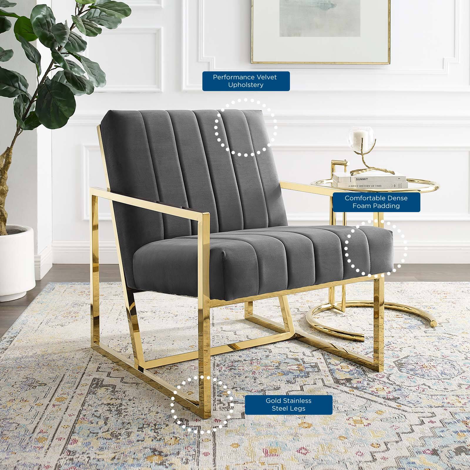 Performance Velvet Upholstery  
Comfortable Dense Foam Padding  
Gold Stainless Steel Legs