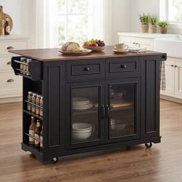 Whisen - Mobile Kitchen Island with Glass Door Cabinets, Power Outlet, and Storage Shelves - Black