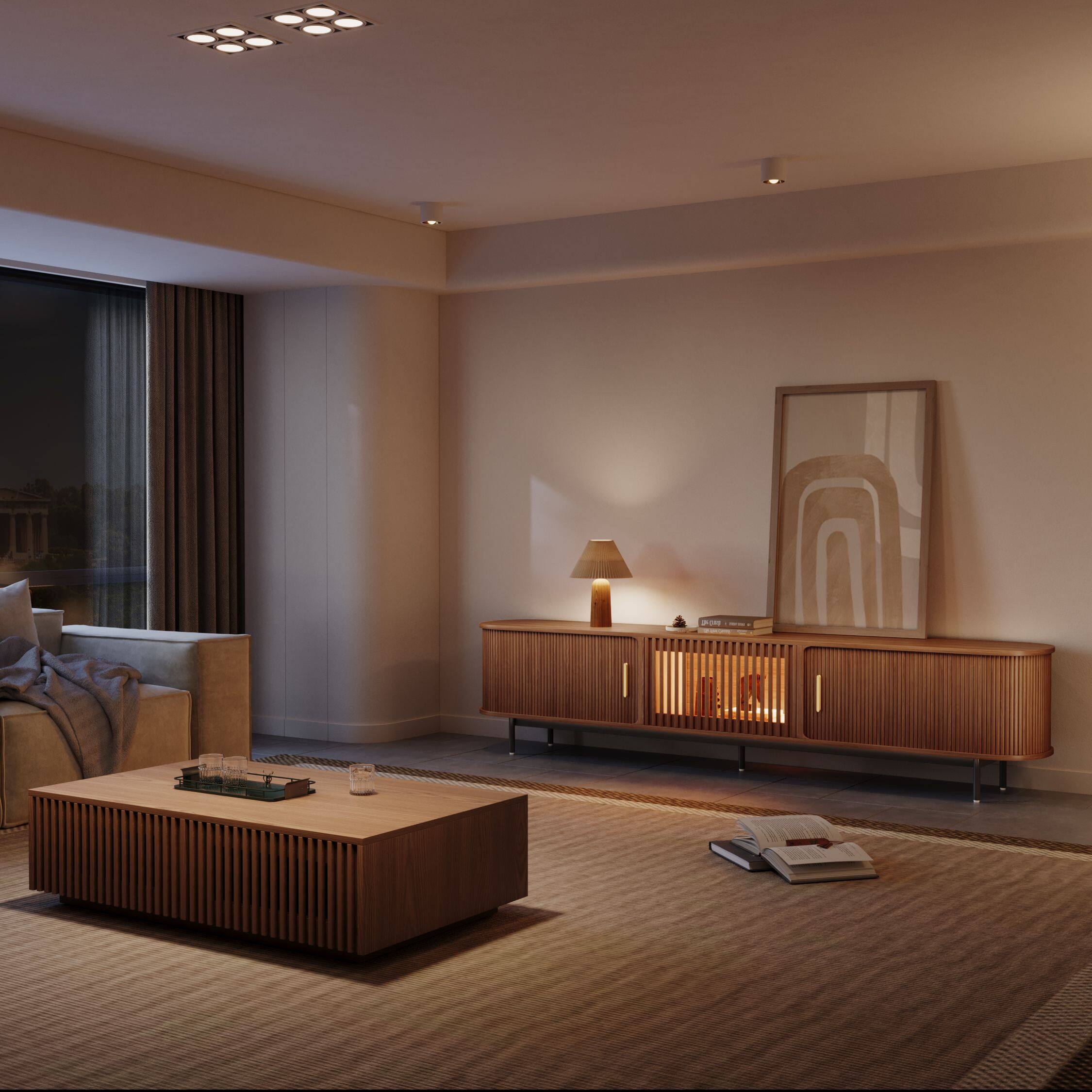 Left. POVISON - 94"Mid-Century Modern Tambour Door TV Stand,Walnut with LED Lights - Walnut with LED Lights.