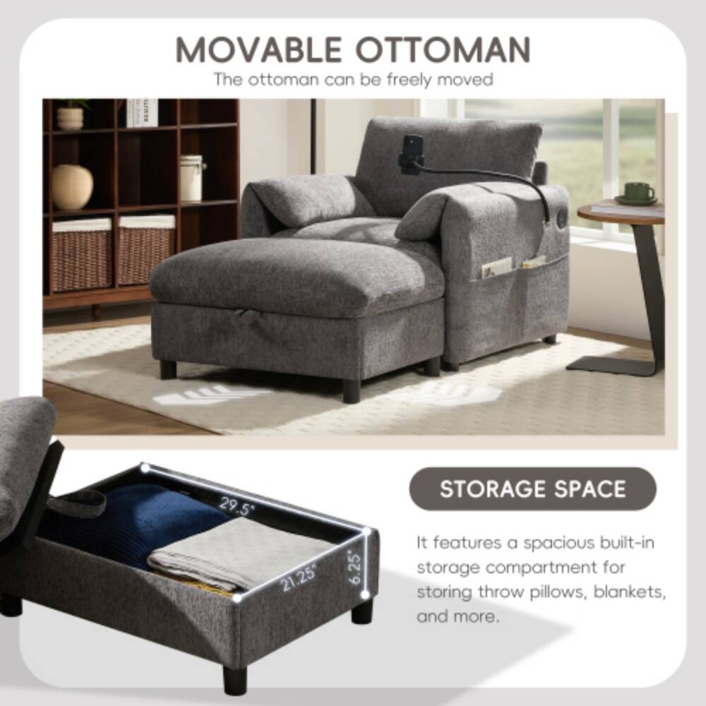 MOVABLE OTTOMAN  
The ottoman can be freely moved  

STORAGE SPACE  
It features a spacious built-in storage compartment for storing throw pillows, blankets, and more.