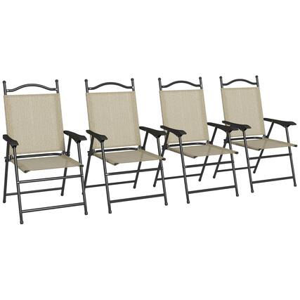 Front. Outsunny - Folding Patio Chairs, Set of 4 Sports Chairs for Adults, Camping Chairs with Armrests - Beige.