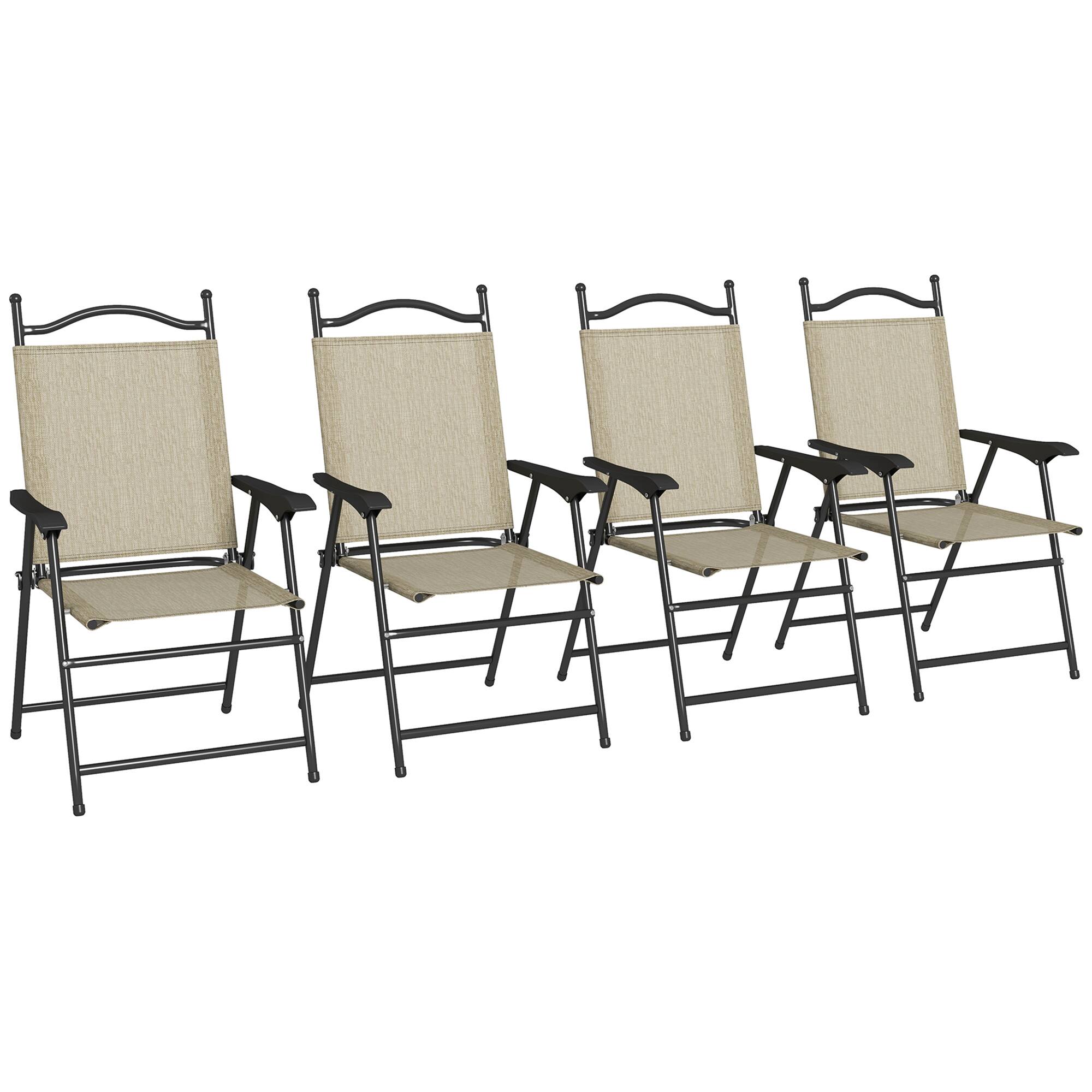 Front. Outsunny - Folding Patio Chairs, Set of 4 Sports Chairs for Adults, Camping Chairs with Armrests - Beige.