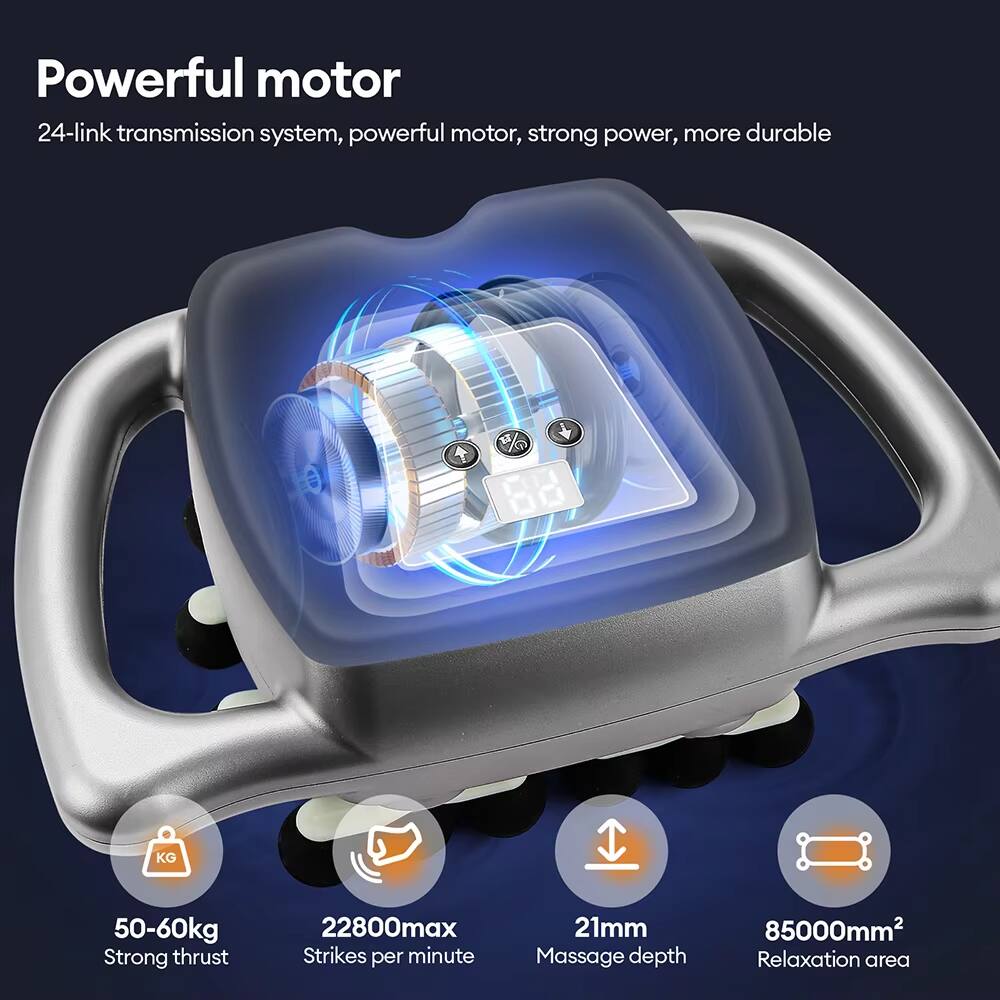 Powerful motor  
24-link transmission system, powerful motor, strong power, more durable  

50-60kg  
Strong thrust  

22800max  
Strikes per minute  

21mm  
Massage depth  

85000mm²  
Relaxation area
