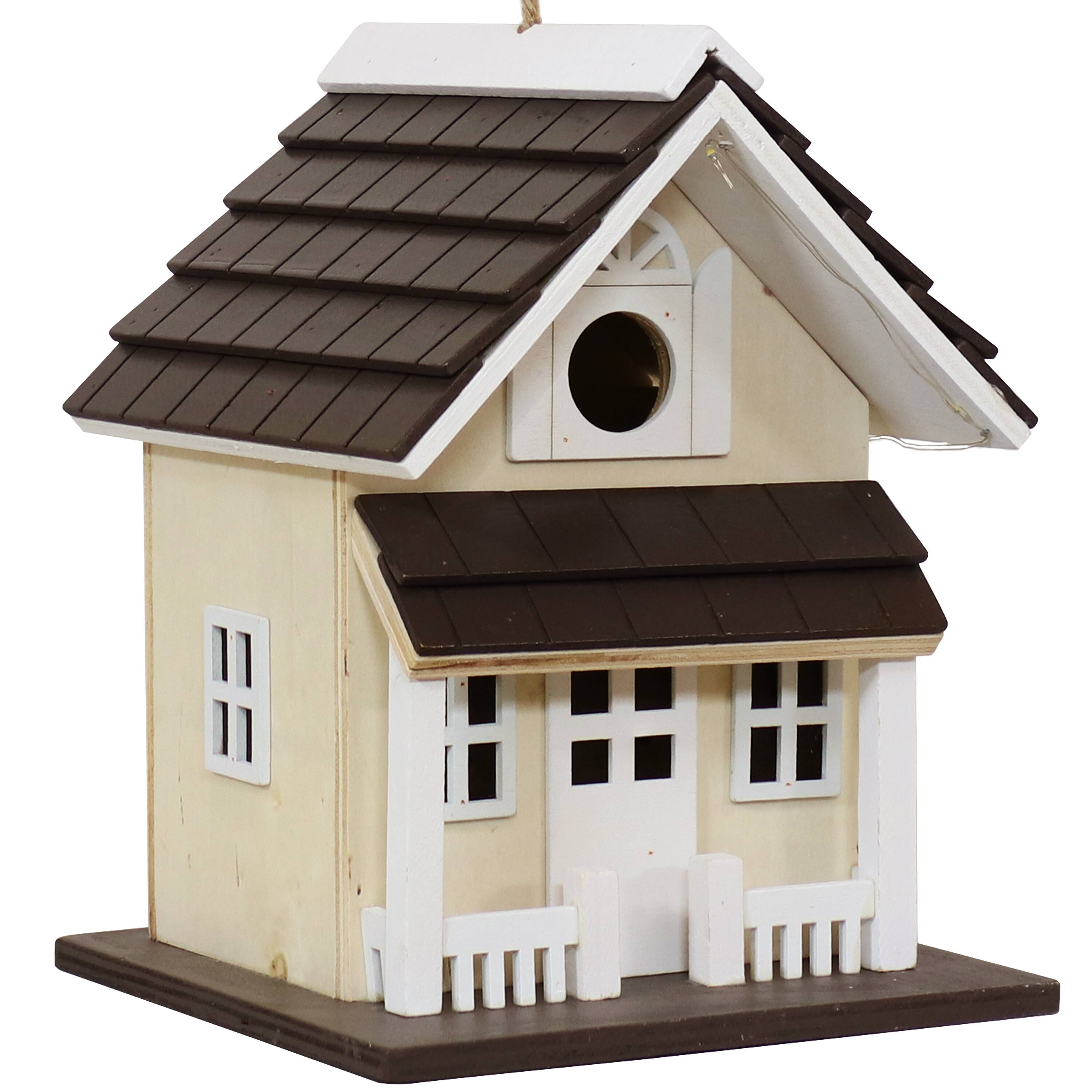 Front. Sunnydaze - 9.25 in Wooden Cozy Home Birdhouse with Solar LED Light - Cream.