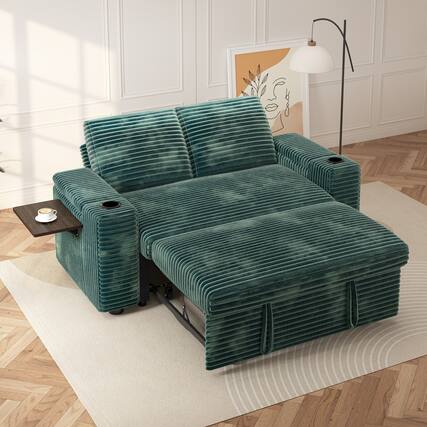 Front. Dyonery - 65" Corduroy 3-in-1 Convertible Sofa Bed with Reclining Backrest|USB Ports|Cup Holders|Side Table|Storage Armrests - Green.