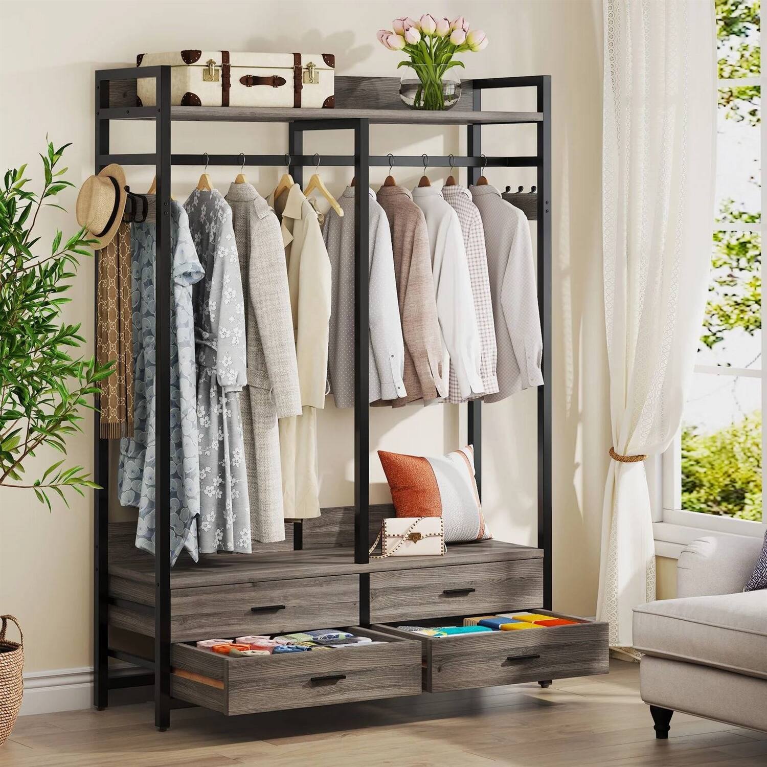 Left. SlickBlue - Freestanding Garment Rack with Clothes Hanging Rod and 4 Storage Drawers - Grey Black.