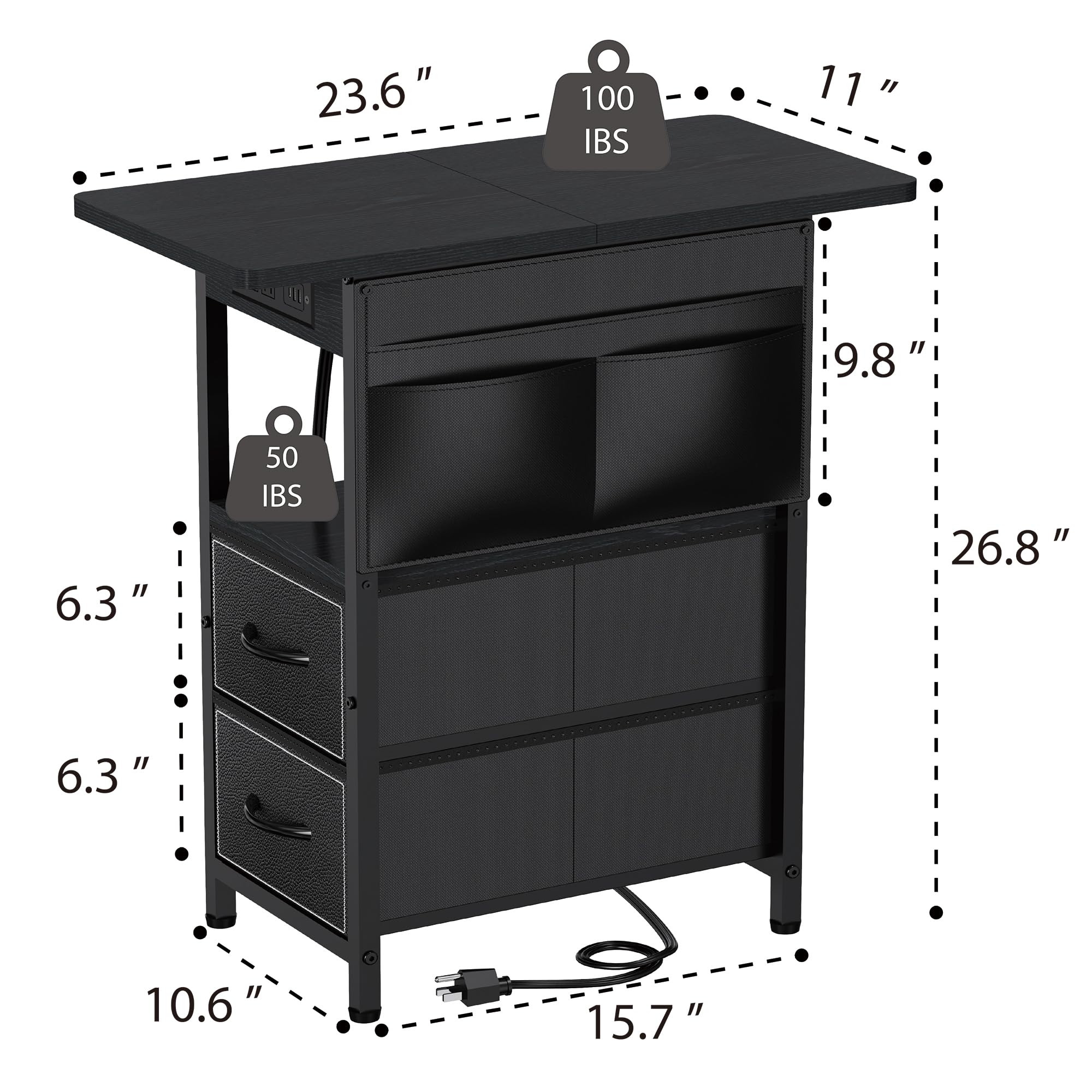 23.6"  
100 IBS  
11"  
9.8"  
6.3"  
50 IBS  
26.8"  
6.3"  
10.6"  
15.7"