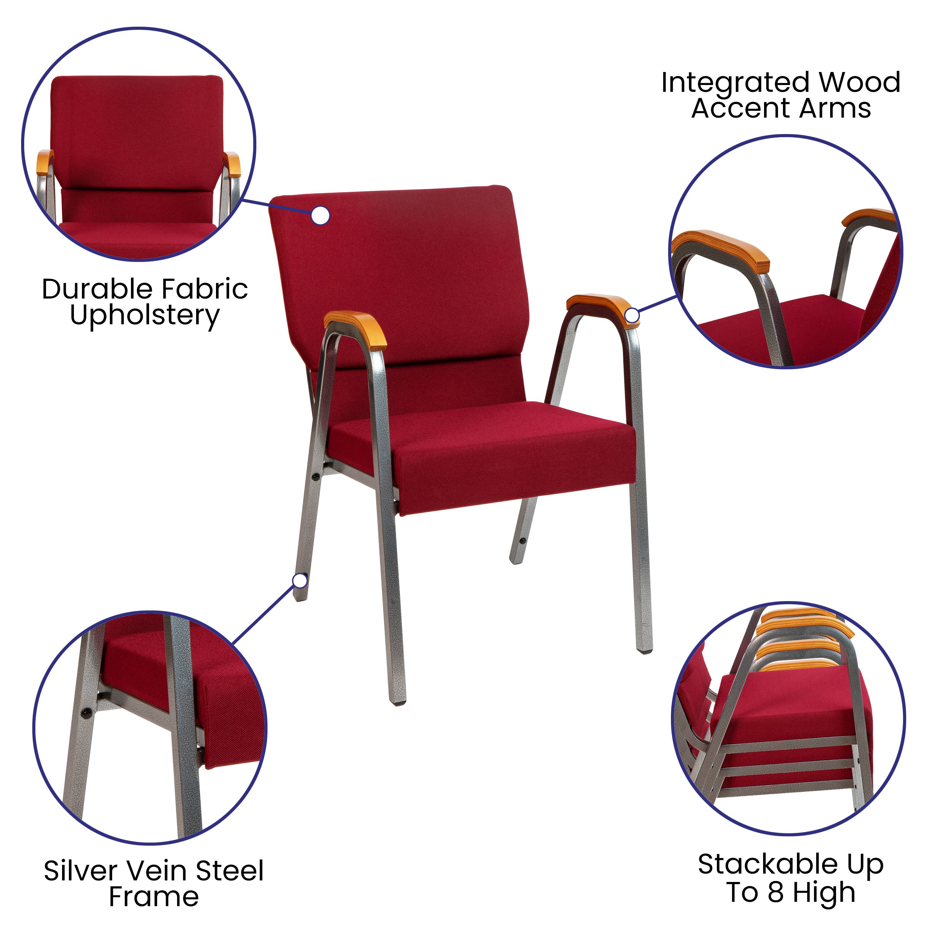 Integrated Wood Accent Arms  
Durable Fabric Upholstery  
Silver Vein Steel Frame  
Stackable Up To 8 High