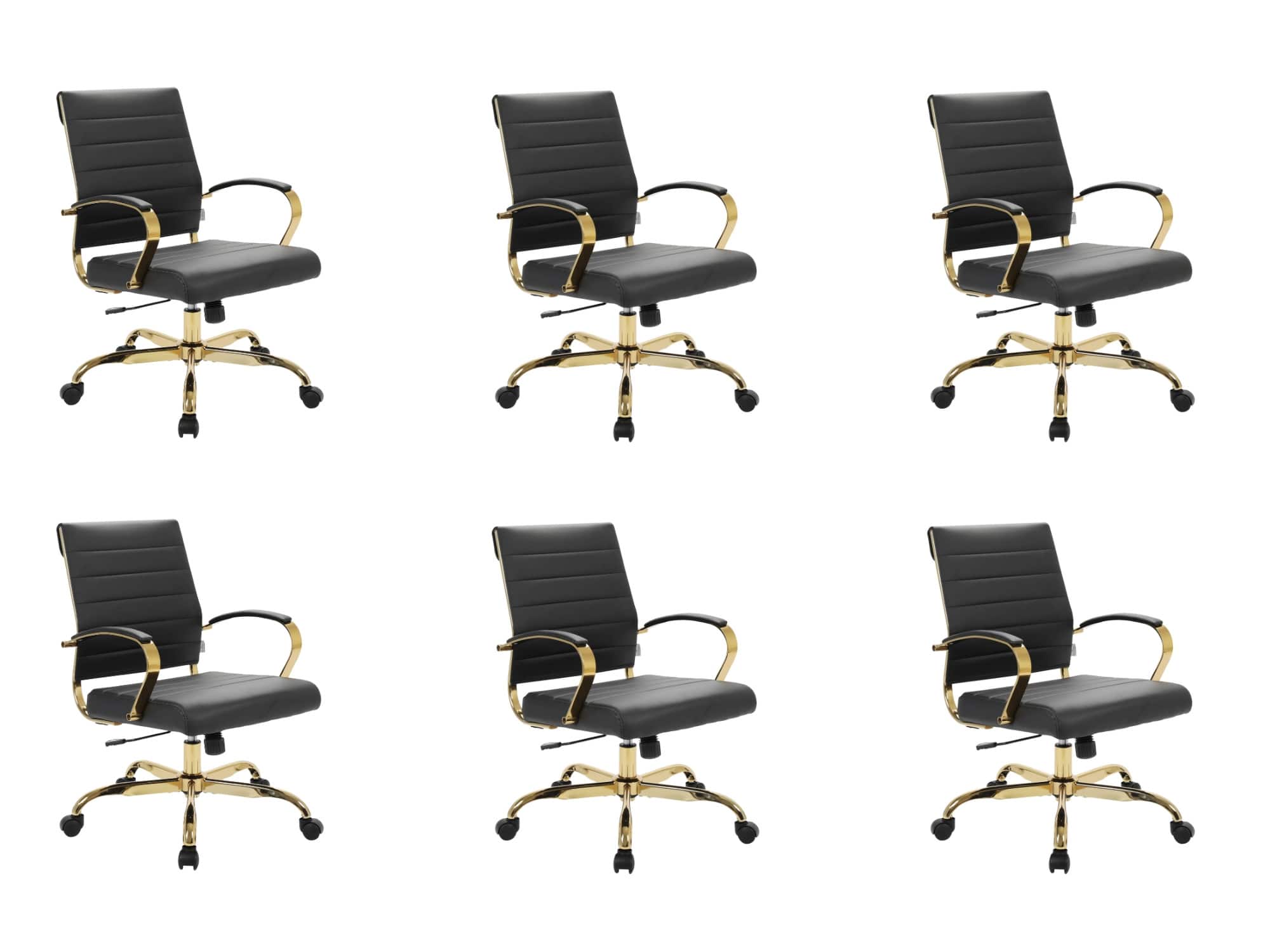 LeisureMod - (Set of 6) Benmar Ergonomic Leather Office Chair with Chrome Gold Steel Frame and Cushioned Armrests for Home Office - Black