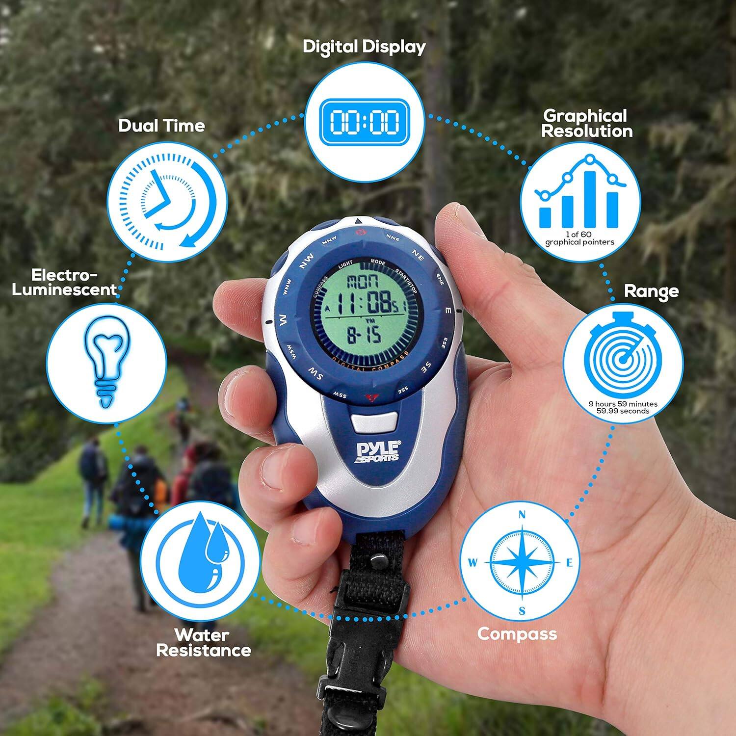 Digital Display  
Dual Time  
Electro-Luminescent  
Graphical Resolution  
Water Resistance  
Compass  

- Digital Display: 00:00  
- Dual Time: 11:08s  
- Electro-Luminescent  
- Graphical Resolution: 1 of 60 graphical pointers  
- Water Resistance  
- Compass  

Range:  
- 9 hours  
- 59 minutes  
- 59.99 seconds