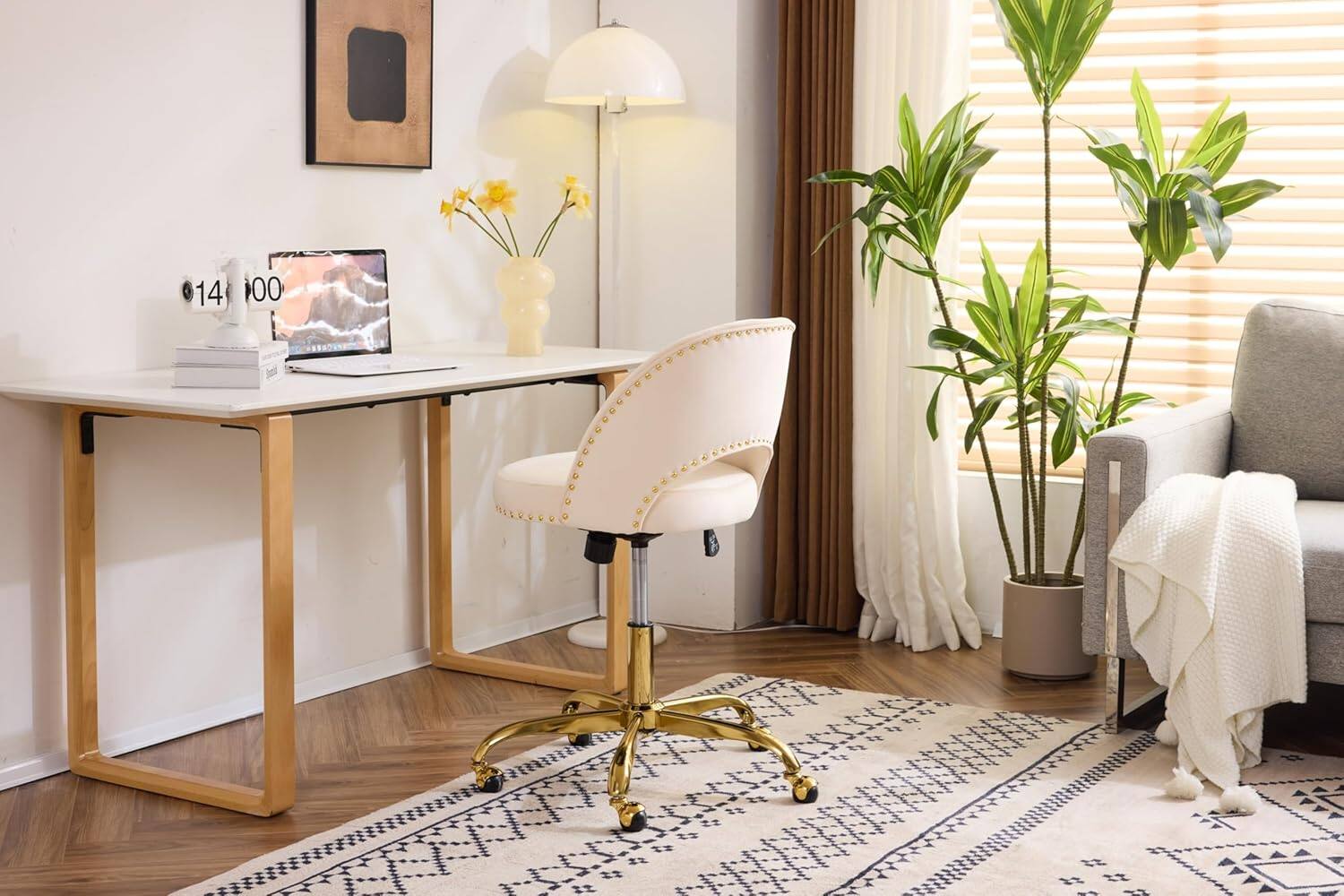 Alt View 8. Winado - Modern Velvet Cute Desk Chair with Wheels,Gold Base/Studs, Comfy Armless Swivel Vanity Task Nail Tech Chair for Bedroom - Beige.