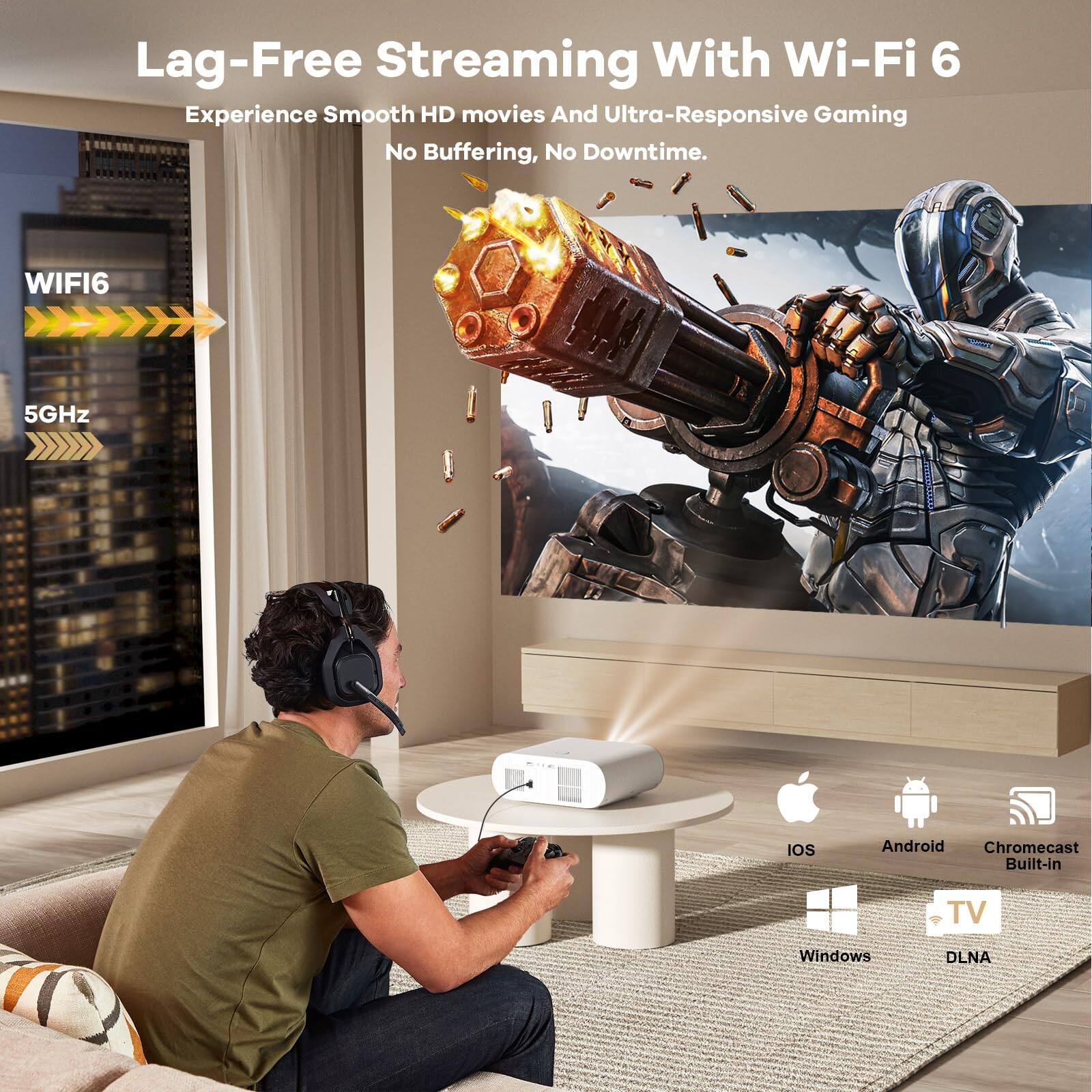 Lag-Free Streaming With Wi-Fi 6  
Experience Smooth HD movies And Ultra-Responsive Gaming  
No Buffering, No Downtime.  

WIFI6  
5GHz  

IOS  
Android  
Chromecast Built-in  
Windows  
DLNA