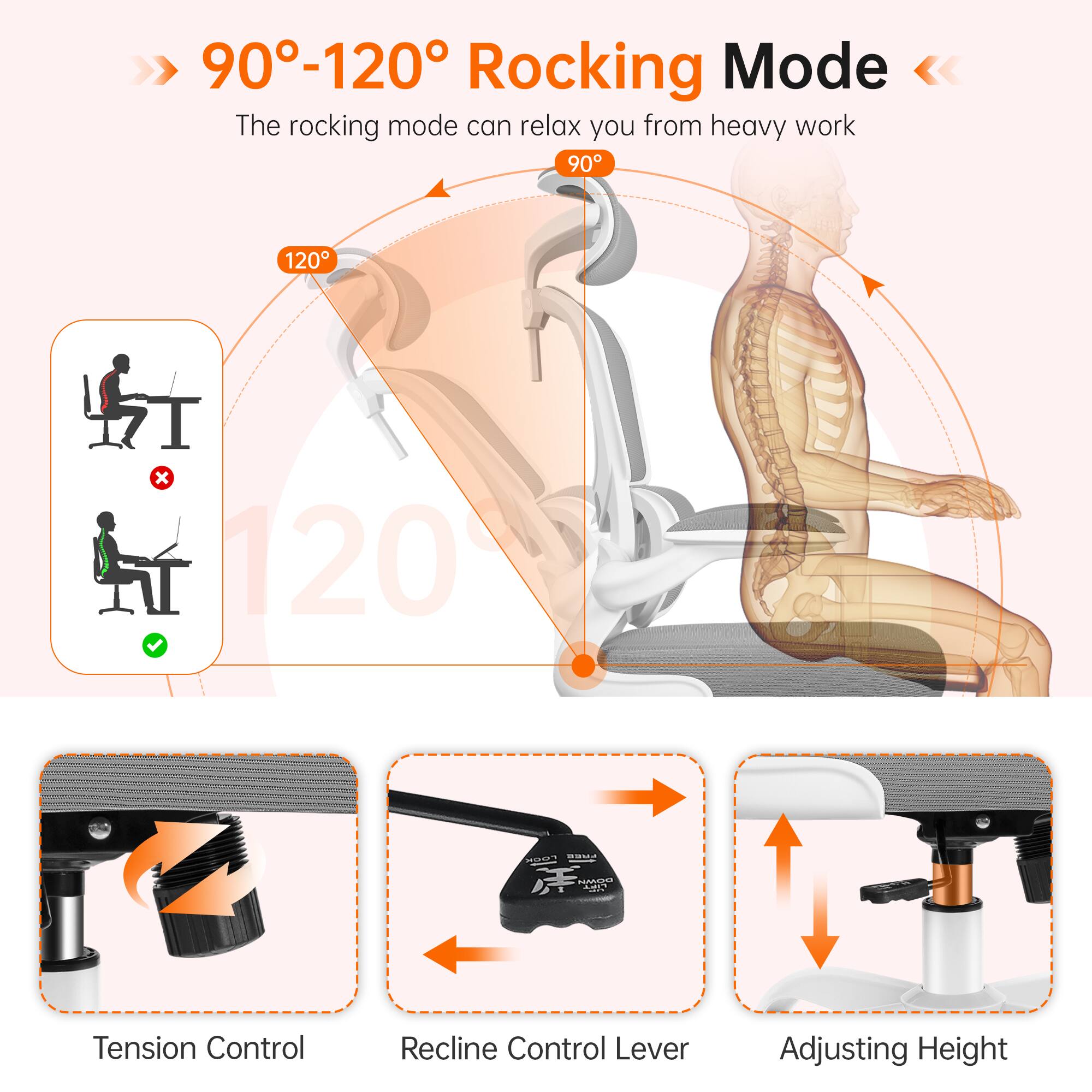 90°-120° Rocking Mode  
The rocking mode can relax you from heavy work

- Tension Control
- Recline Control Lever
- Adjusting Height